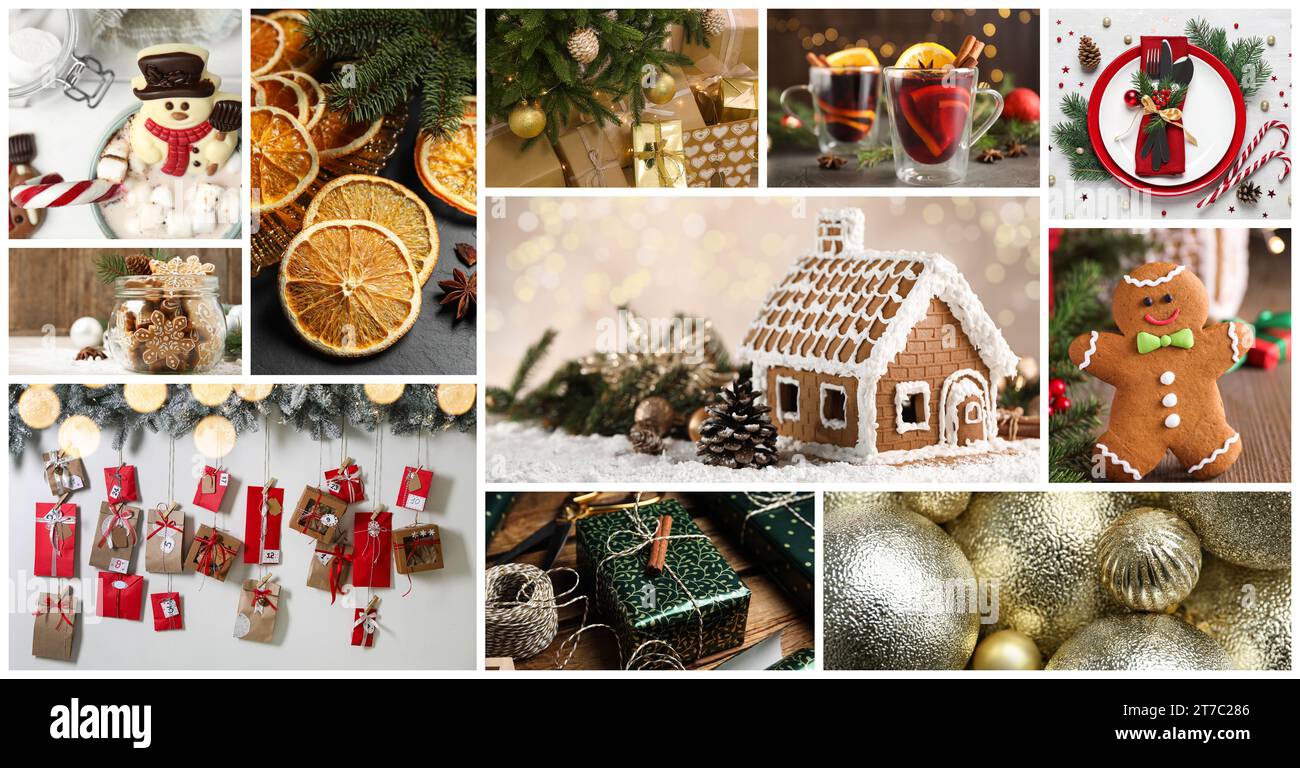 Photos of Christmas holidays combined into collage. Banner design Stock Photo