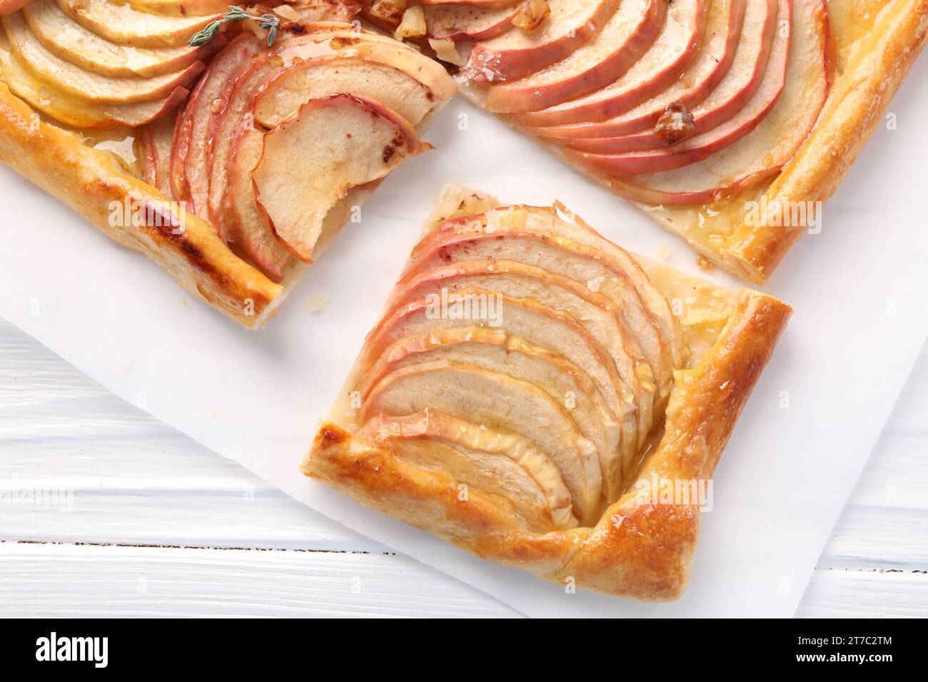 Freshly baked apple pie on white wooden table, top view Stock Photo