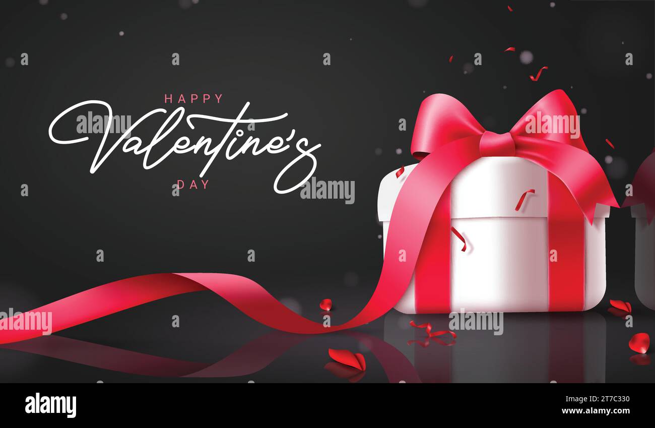 Happy valentine's day text vector design. Valentine's day greeting card with gift box and red ribbon decoration elements. Vector illustration hearts Stock Vector