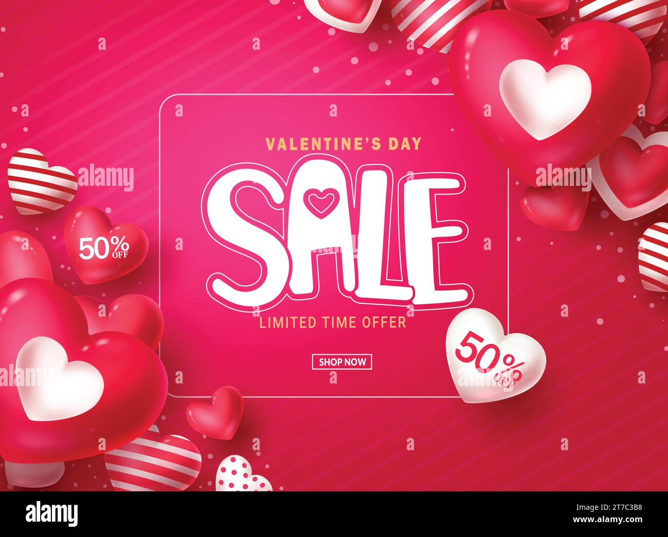Valentine's day sale text vector banner. Happy valentine's day limited time offer with heart balloons decoration elements. Vector illustration hearts Stock Vector