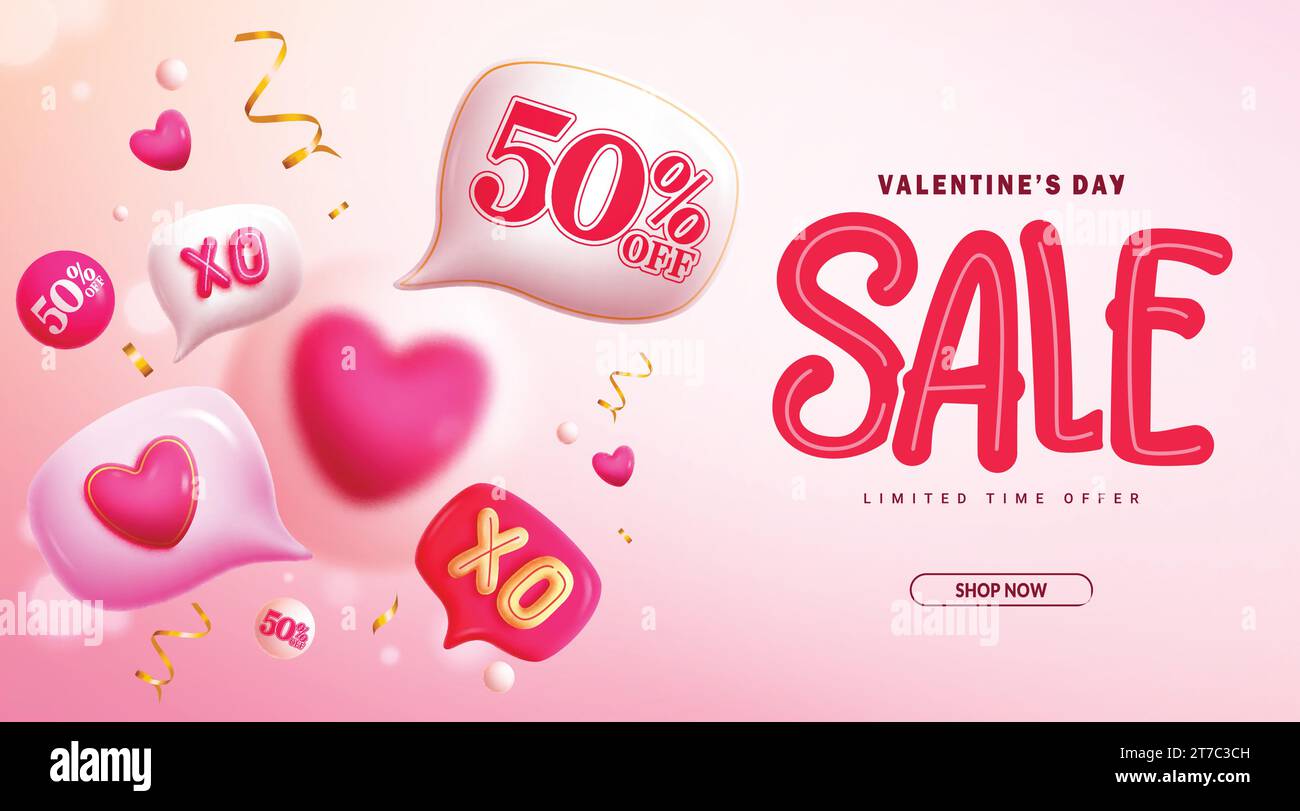 Valentine's day sale text vector banner. Happy valentine's day greeting with limited time offer discount promo for shopping season holiday design. Stock Vector