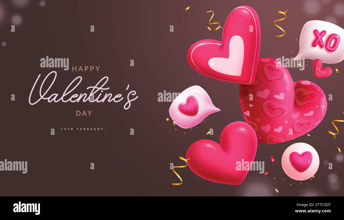 Valentine's day balloons heart vector design. Happy valentine's day greeting text with heart balloons decoration elements for holiday season Stock Vector