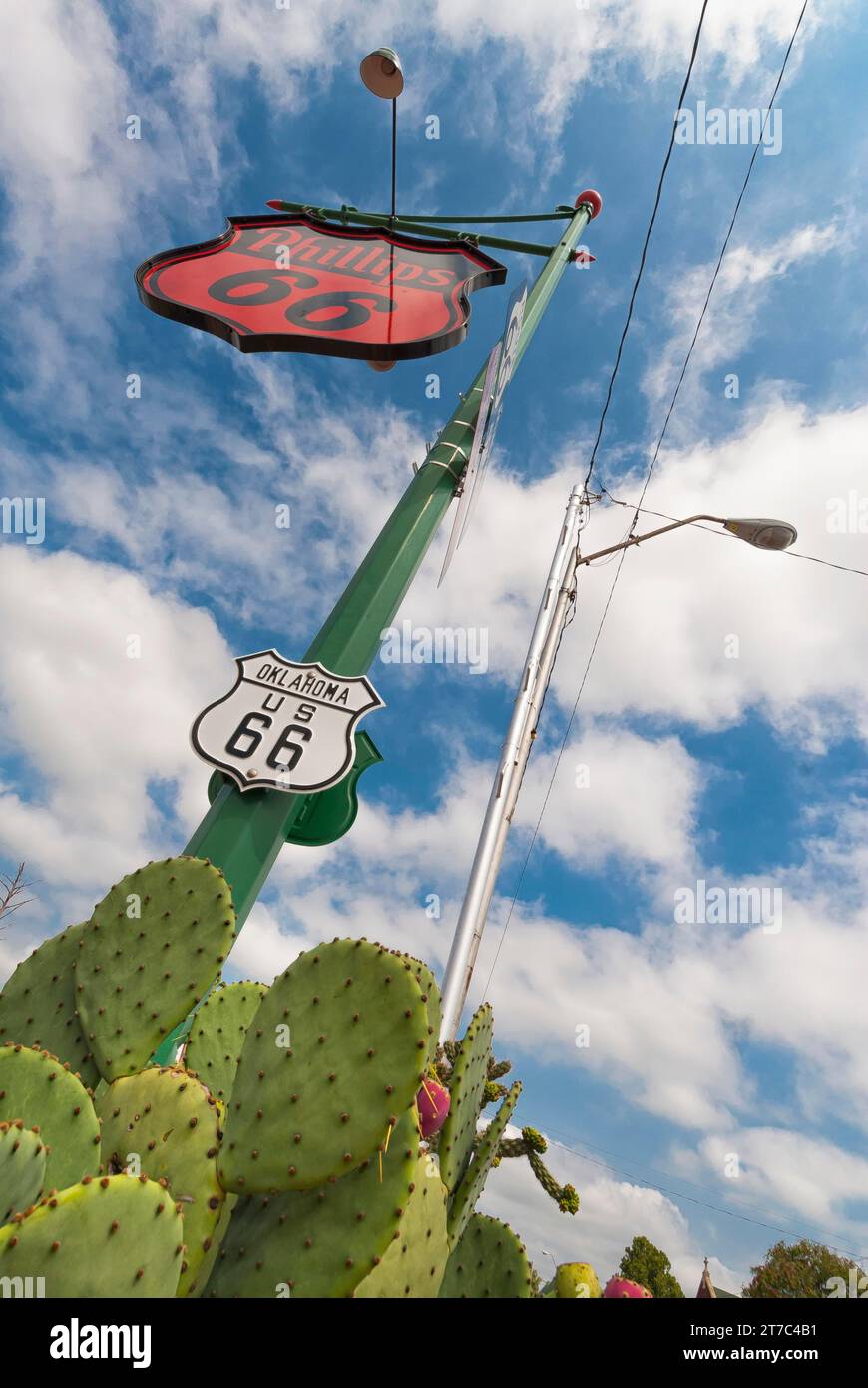 Sign, sign, streetlight, cactus, Route 66, Oklahoma, USA Stock Photo