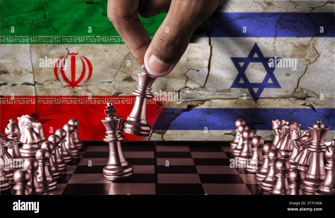 Israel vs Iran flag concept on chessboard. Political tension between Iran and Israel. Conflict between Israel and Iran on pieces of chessboard Stock Photo