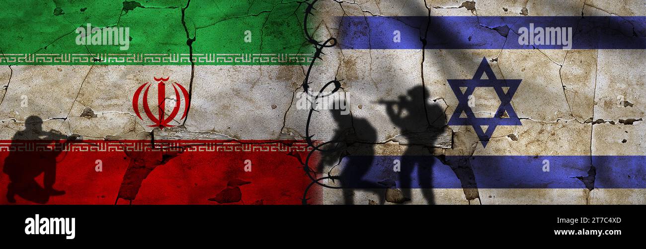 Conflict between Iran and Israel concept. Political tension between Iran and Israel. Israel vs Iran flag on cracked wall Stock Photo