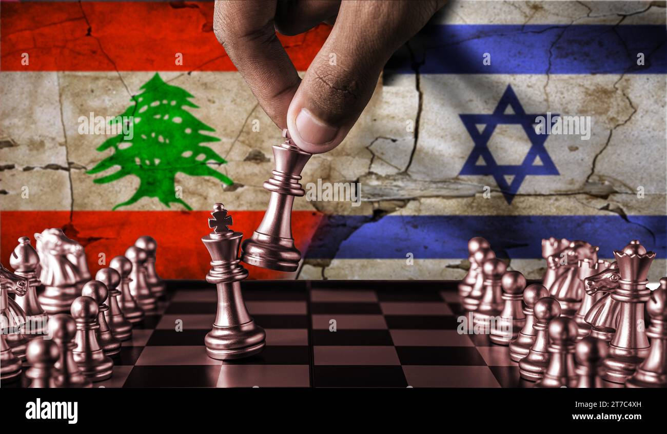 Israel vs Lebanon flag concept on chessboard. Political tension between Lebanon and Israel. Conflict between Lebanon and Israel on pieces of Stock Photo