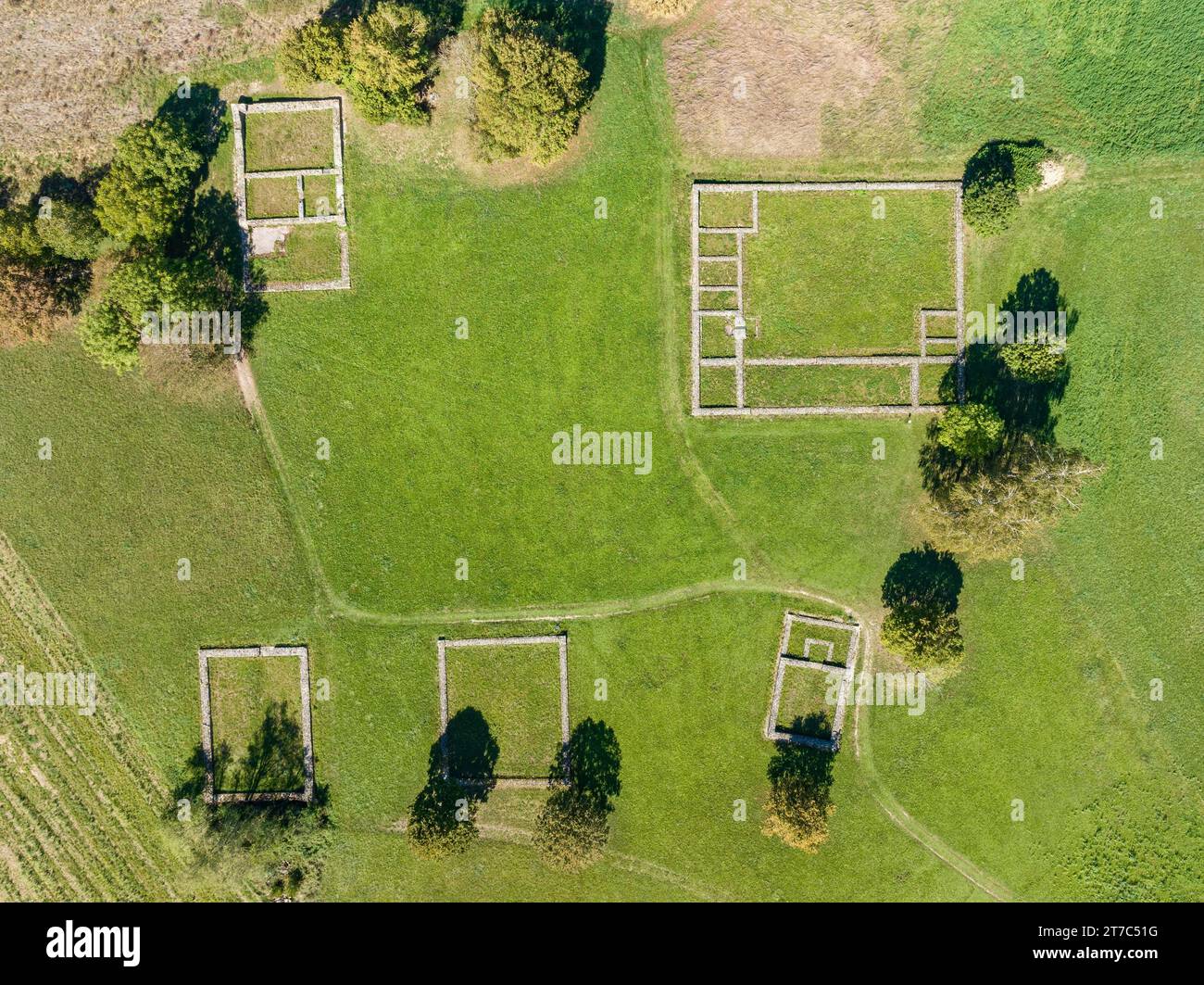 Aerial view, top down view of the open-air museum Roemischer Gutshof in Buesslingen, a restored and reconstructed Villa Rustica, Hegau, district of Stock Photo