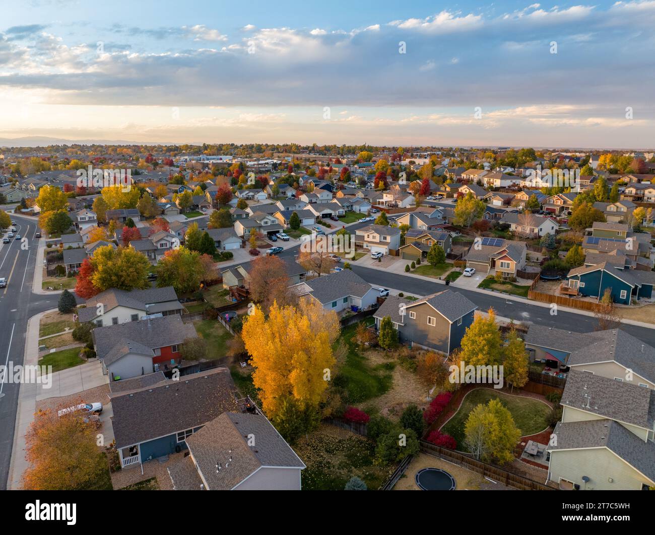 Greeley Colorado fall colors with fall vibes aerial photo. Stock Photo