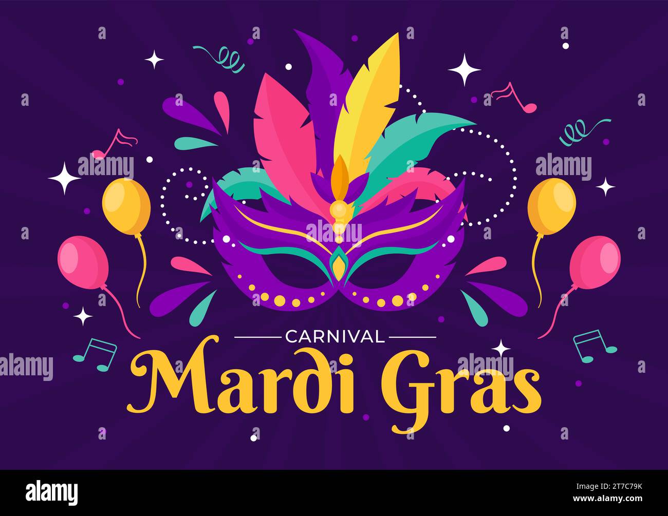 Mardi Gras Carnival Vector Illustration. Translation is French for Fat Tuesday. Festival with Masks, Maracas, Guitar and Feathers on Purple Background Stock Vector