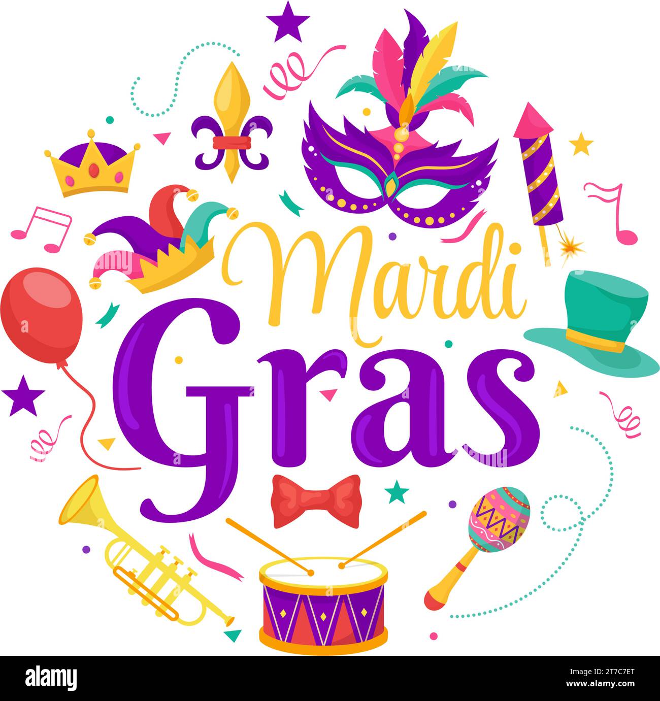 Mardi Gras Carnival Vector Illustration. Translation is French for Fat Tuesday. Festival with Masks, Maracas, Guitar and Feathers on Purple Background Stock Vector