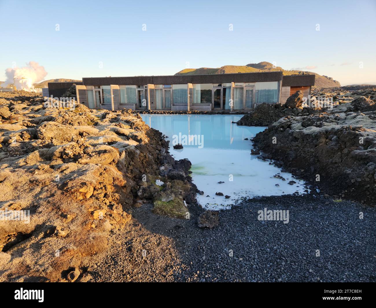Grindavik, Iceland - September 11, 2023 - Accommodations at Blue Lagoon geothermal baths near Gridavik, Iceland on clear sunny afternoon. Stock Photo
