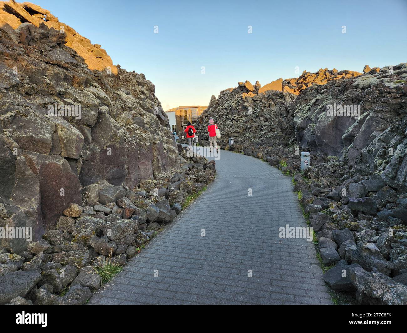 Grindavik, Iceland - September 11, 2023 - Entrance walkway to Blue Lagoon geothermal baths near Gridavik, Iceland on clear sunny afternoon. Stock Photo