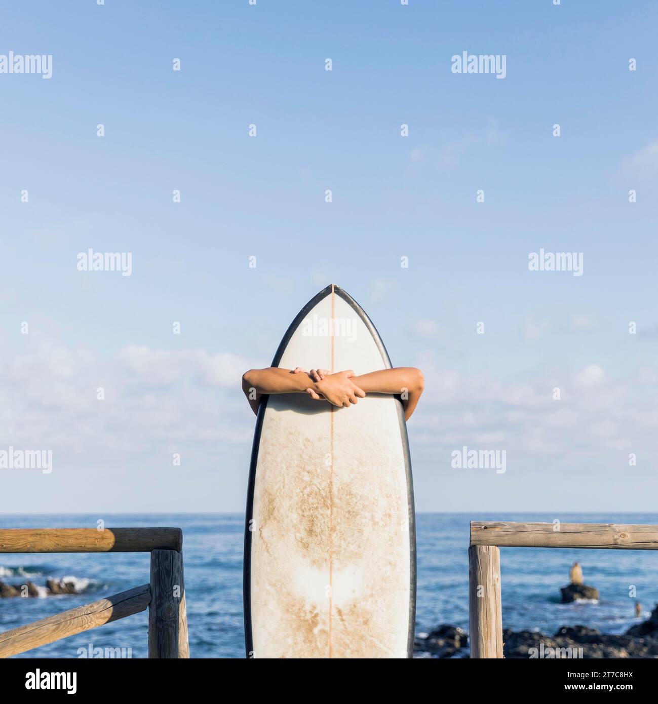 Woman with surfboard beach Stock Photo