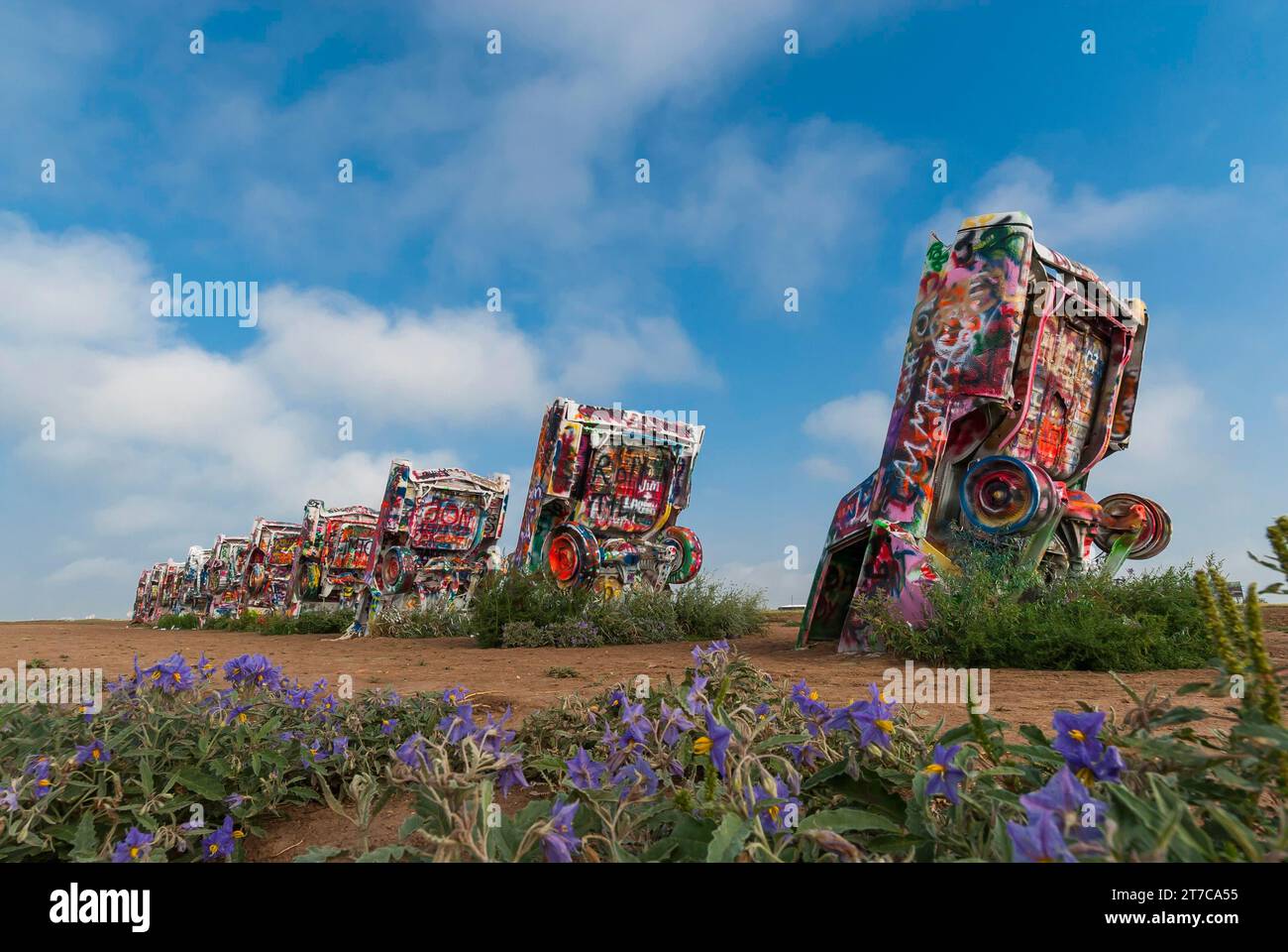 Cadillac Ranch, car, automobile, climate crisis, combustion engine, freedom, mobility, history, historical, art, graffiti, Amarillo, Texas, USA Stock Photo