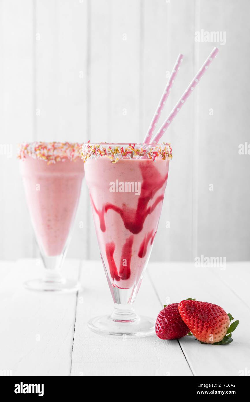 Milkshake Table Strawberry milkshake table 4 Stock Photo - Alamy