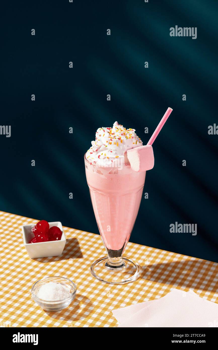 Milkshake Table Strawberry milkshake table 7 Stock Photo - Alamy