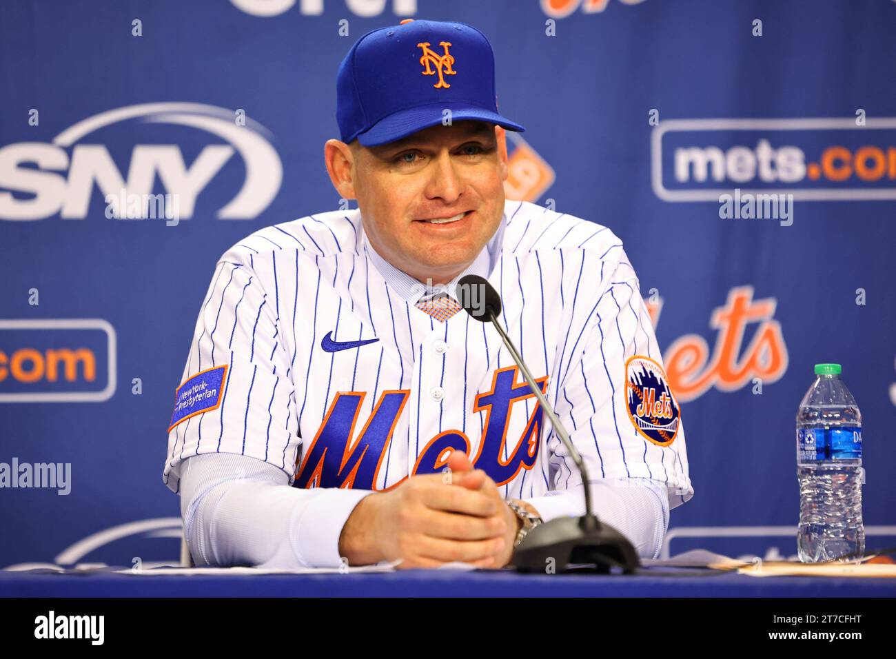New York Mets manager Carlos Mendoza speaks to the media during a press conference at Citi Field