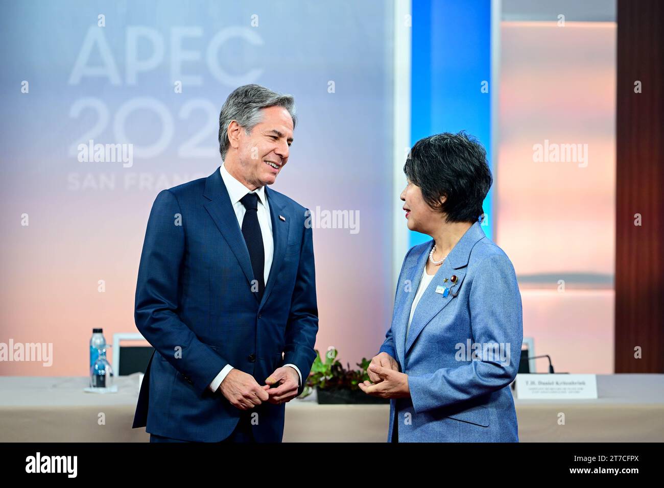 San Francisco, California, USA. 14th Nov, 2023. United States Secretary of State ANTONY BLINKEN and Minister of Foreign Affairs of Japan YOKO KAMIKAWA at the Trilateral with Japan & Republic of Korea at the Asia-Pacific Economic Cooperation Economic Leaders Week (AELW) at the George R. Moscone Convention Center. (Credit Image: © Ben Solomon//U.S. Department of State/ZUMA Press Wire) EDITORIAL USAGE ONLY! Not for Commercial USAGE! Stock Photo