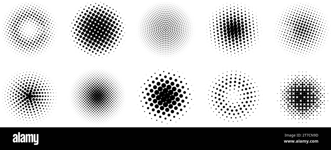 Halftone gradient circles collection. Dots textured round patterns. comic radial faded background set. Abstract pixelated elements for frame, poster, collage, banner, flyer. Vector cartoon bundle Stock Vector