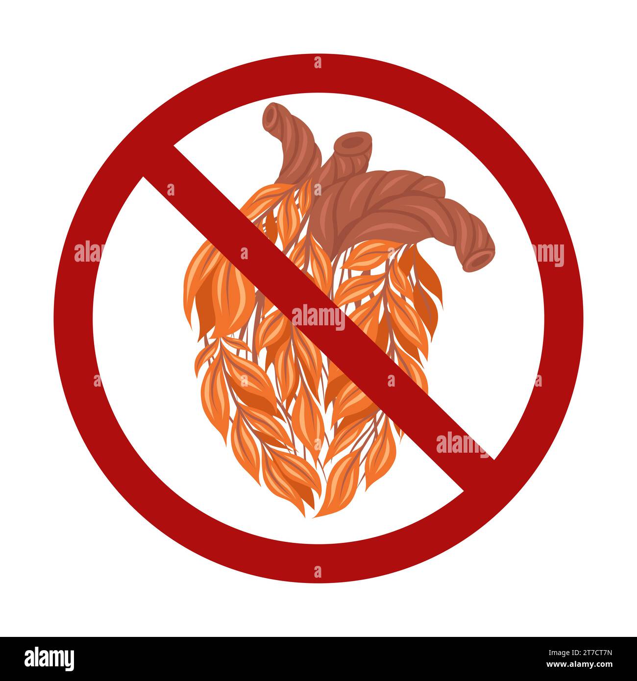 Vector prohibition sign with autumn unhealthy heart. The danger of organ transplantation. Heart disease. Forbidden icon isolated from background Stock Vector