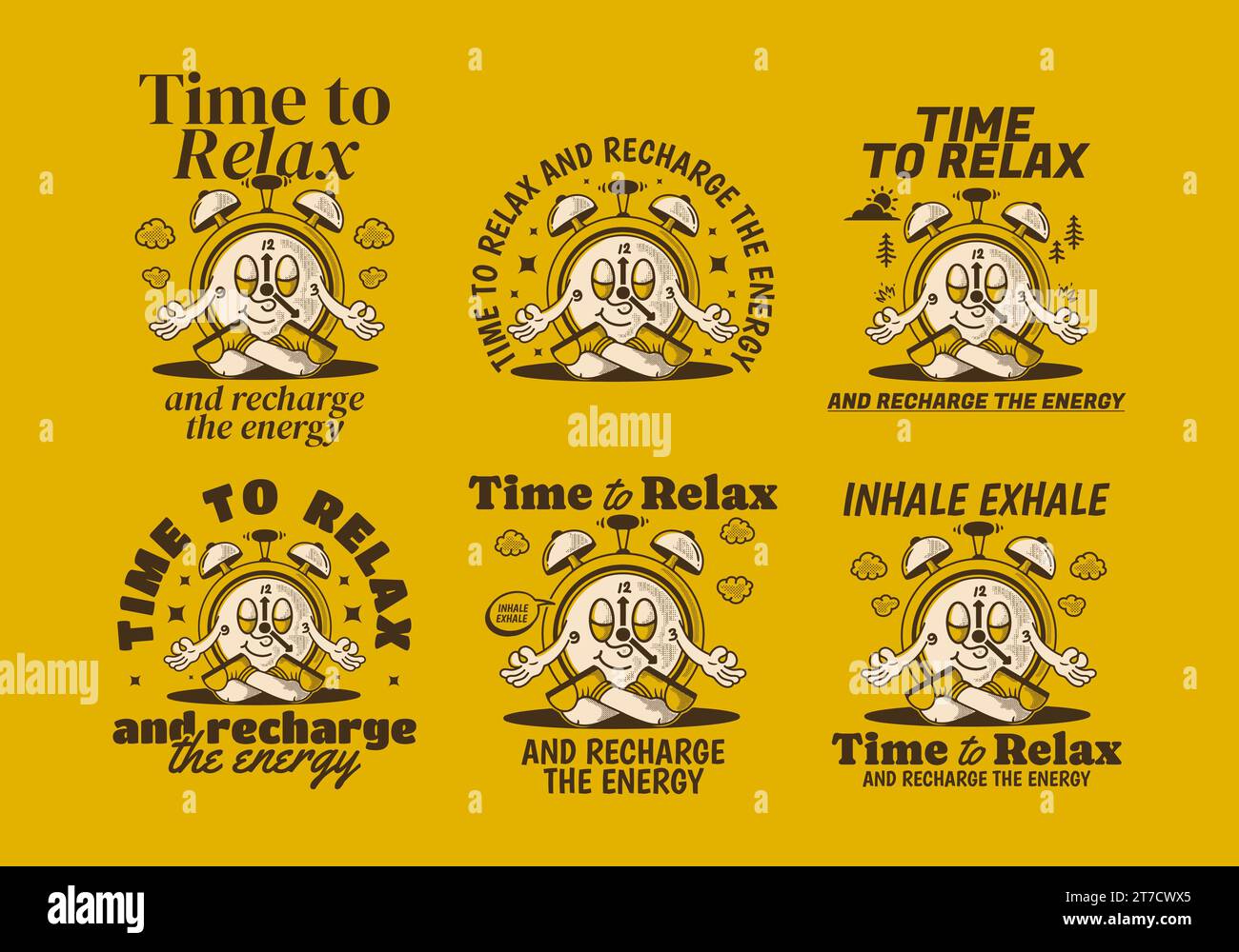 Time to relax. Alarm clock mascot character illustration in meditation