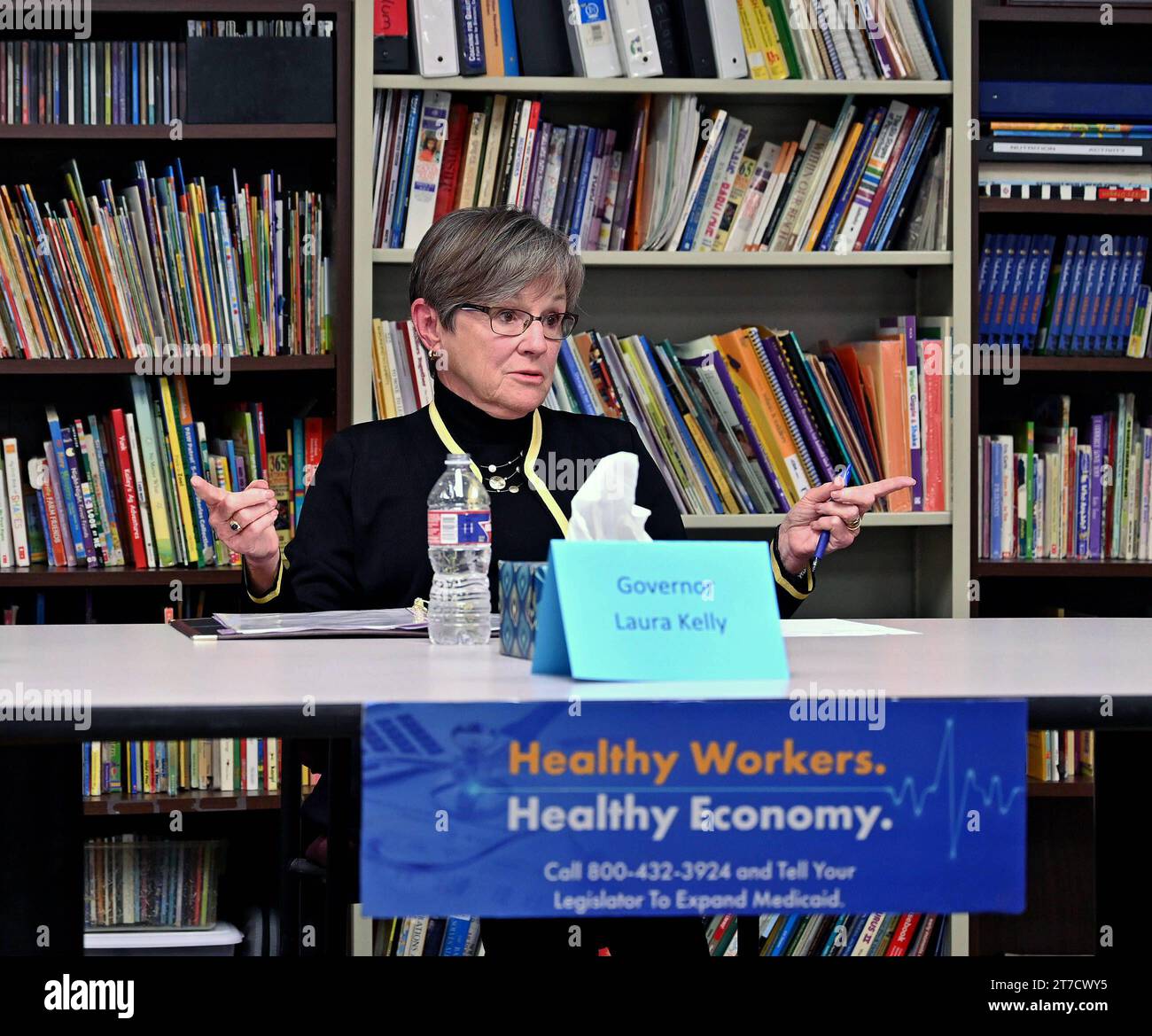 EMPORIA, KANSAS - NOVEMBER 14, 2023 Kansas Governor Laura Kelly D heads ...