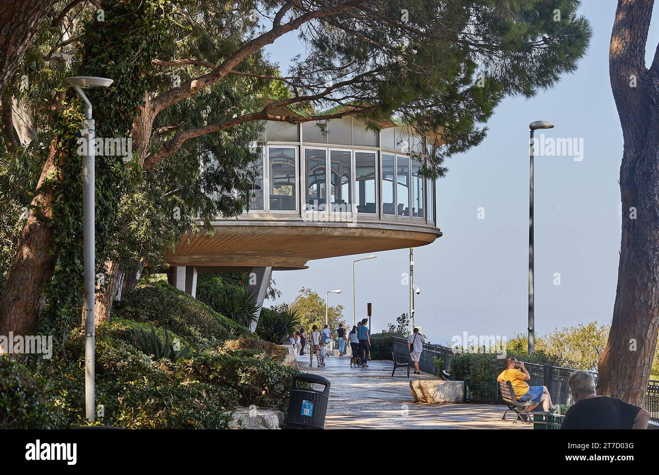 Haifa, Israel - October 22, 2023: Restaurant on pillars on the Louis embankment in Haifa. Stock Photo