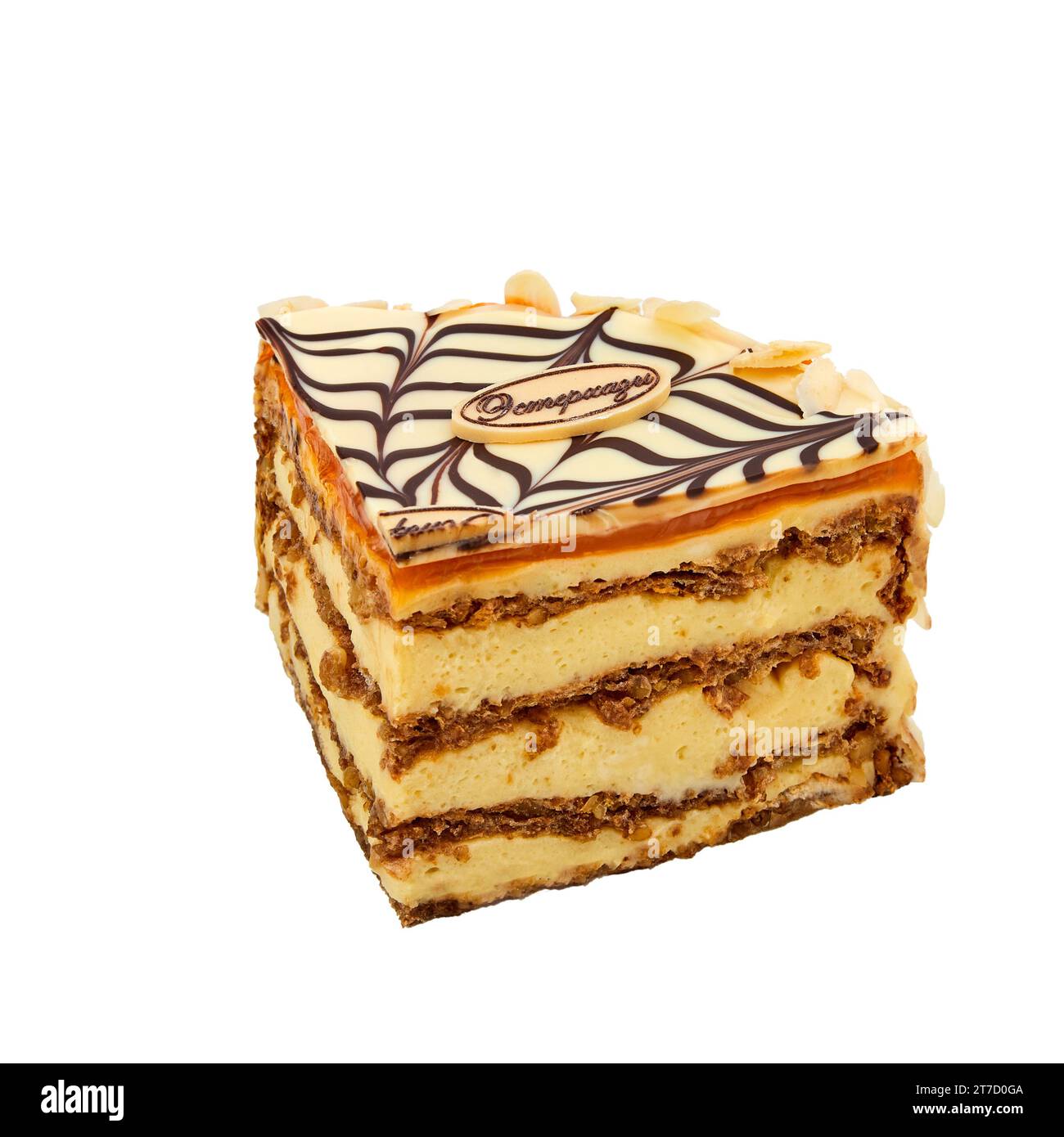 A piece of Esterhazy cake based on protein cakes with walnuts, custard