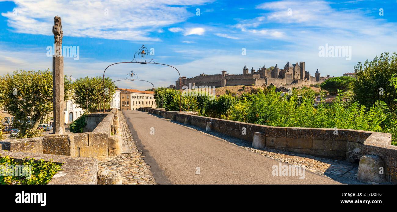 The city of Carcassonne from the old bridge, in Aude, in Occitanie, France Stock Photo