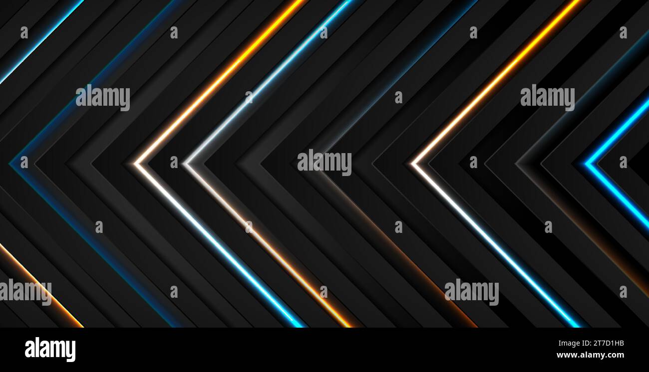 Technology black abstract background design with blue orange neon arrows. Vector geometric futuristic illustration Stock Vector