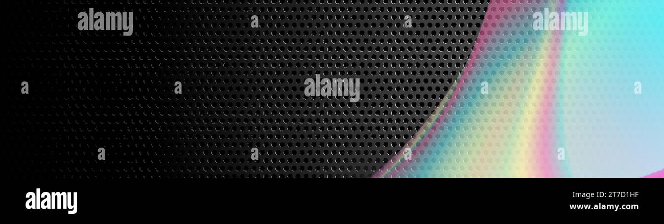 Colorful holographic foil abstract liquid waves on black perforated texture. Futuristic vector background Stock Vector