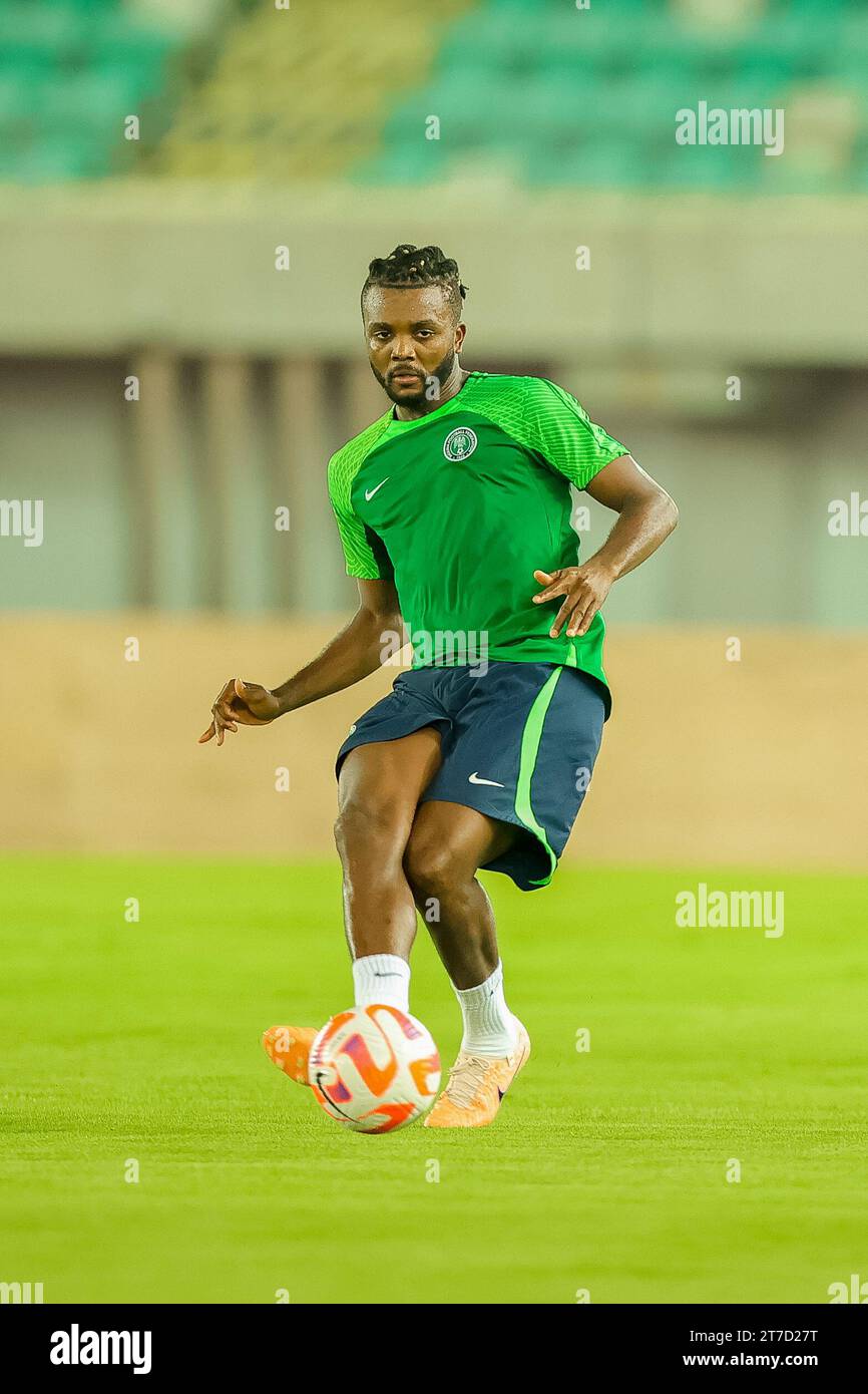 Akwa Ibom State, Nigeria. 14 nov  2023. Nigeria Super Eagles training session. Chidozie Awaziem in training. FIFA World Cup Qualifiers. Victor Modo Stock Photo