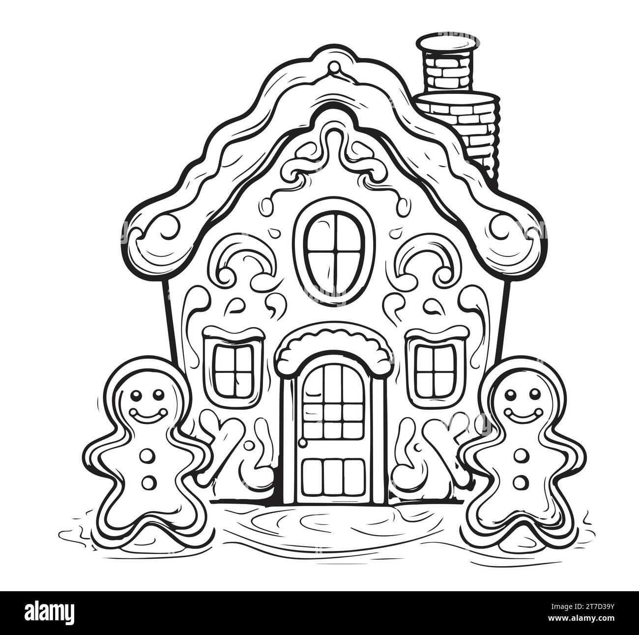 Coloring pages of gingerbread houses. Outline vector illustration for children activity. Christmas black and white images, ready for print. Stock Vector