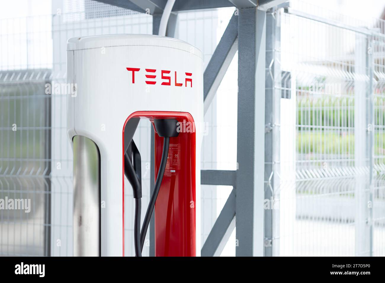 Tesla Supercharger 250 kW dock station for high speed tesla brand ev car batter charge open service in Bangkok,THAILAND, November 09 2023. Stock Photo