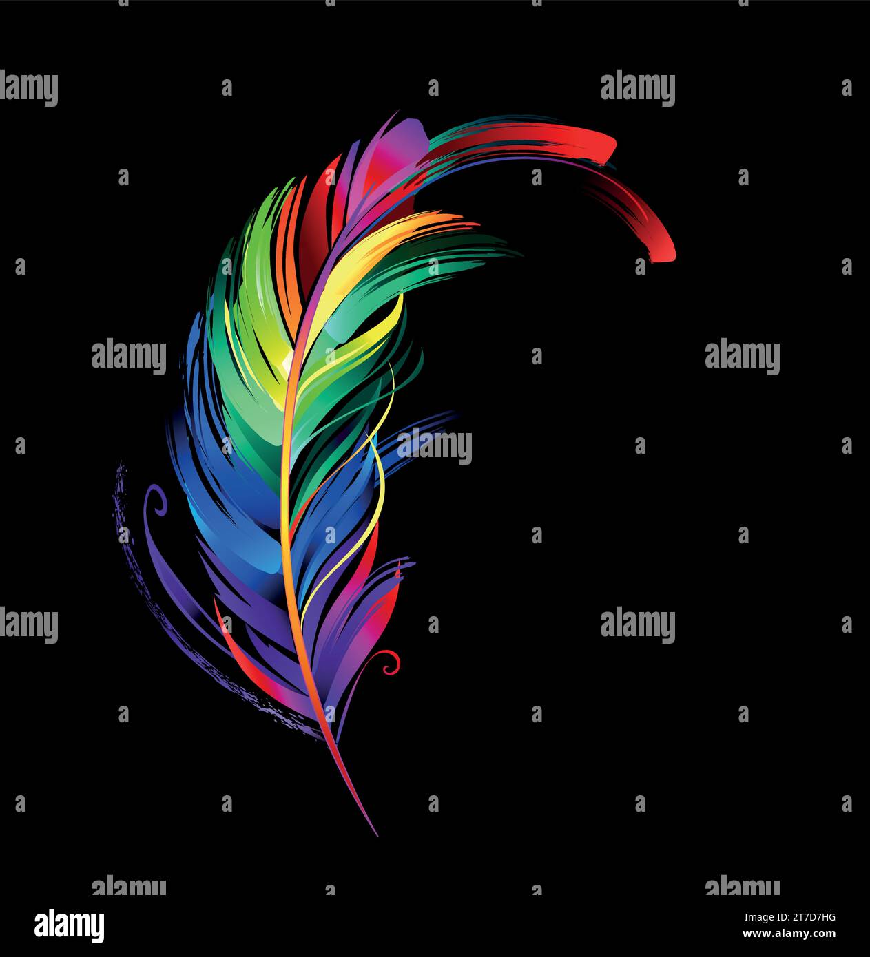 Rainbow, picturesque feather, painted with large strokes of fluorescent paint on black background. Expressive drawing with luminous paint. Stock Vector