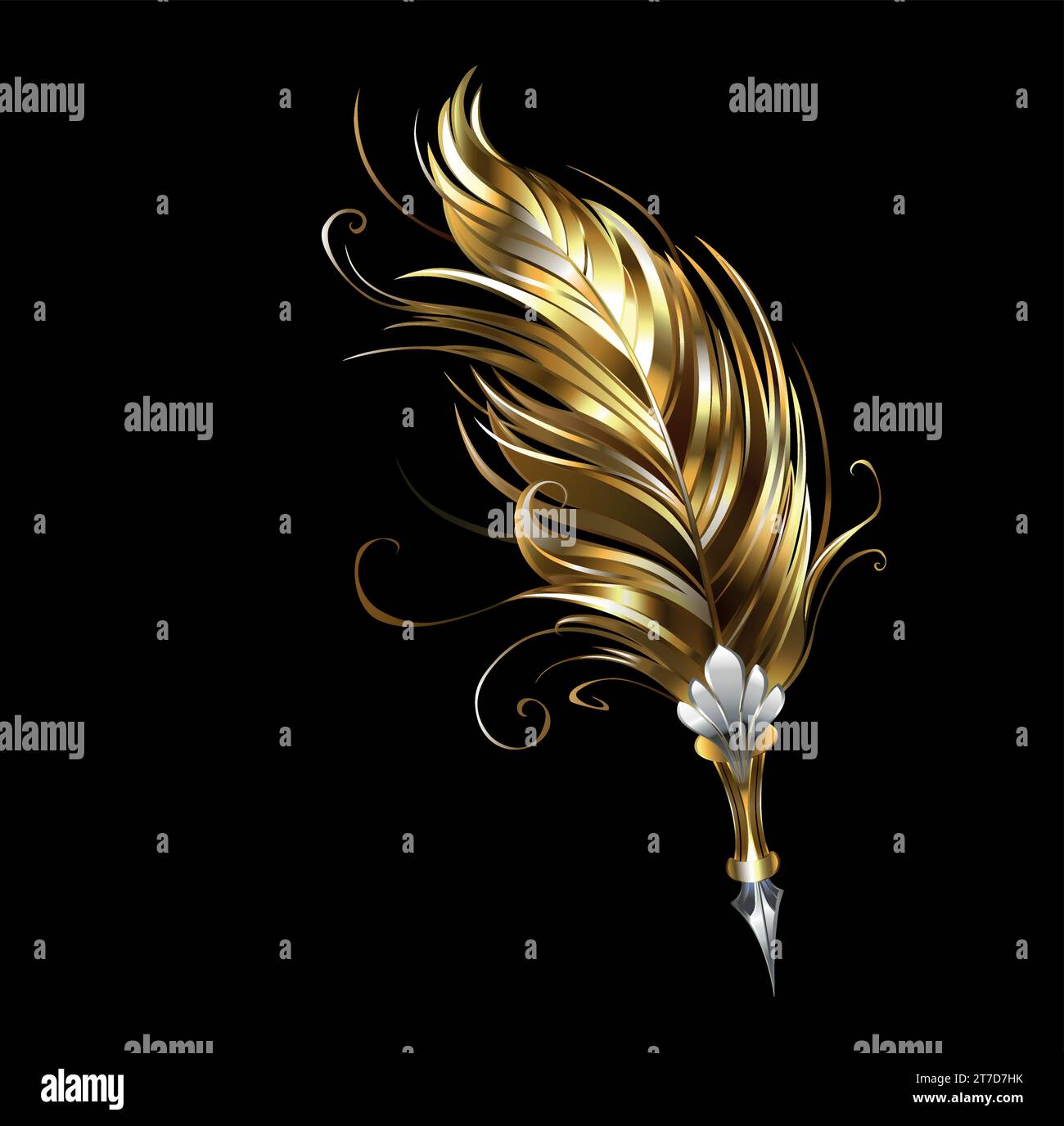 Artistically drawn, antique fountain pen adorned with fluffy gold, glittery foil feather on black background. Steampunk style. Stock Vector