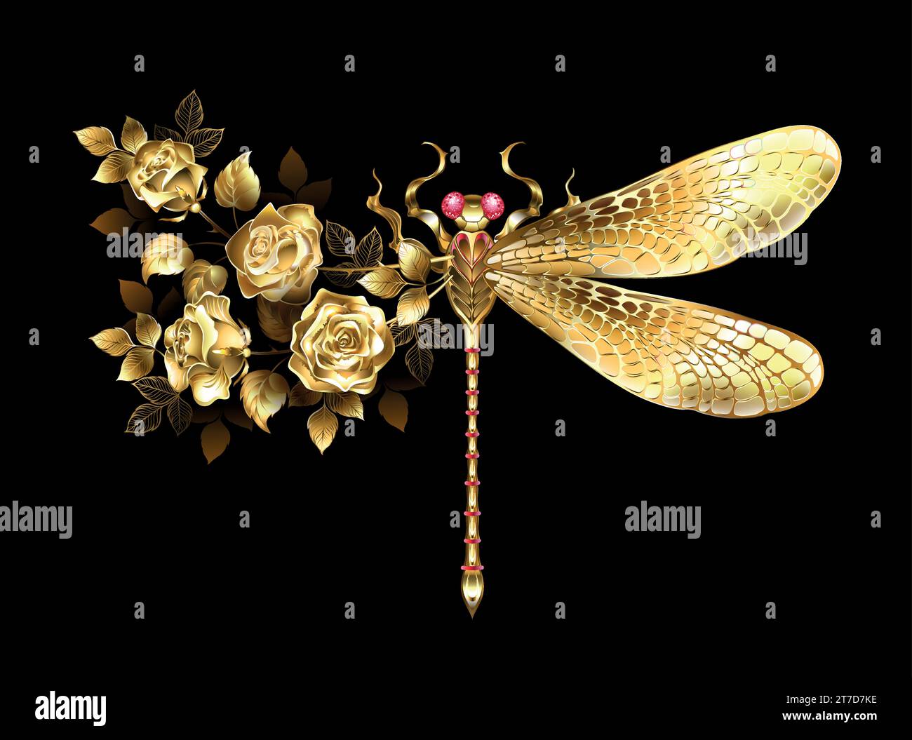 Gold, floral, artistically drawn sparkling, asymmetrical dragonfly with shiny, jeweled wings and gold, blooming roses with gold on black background. G Stock Vector