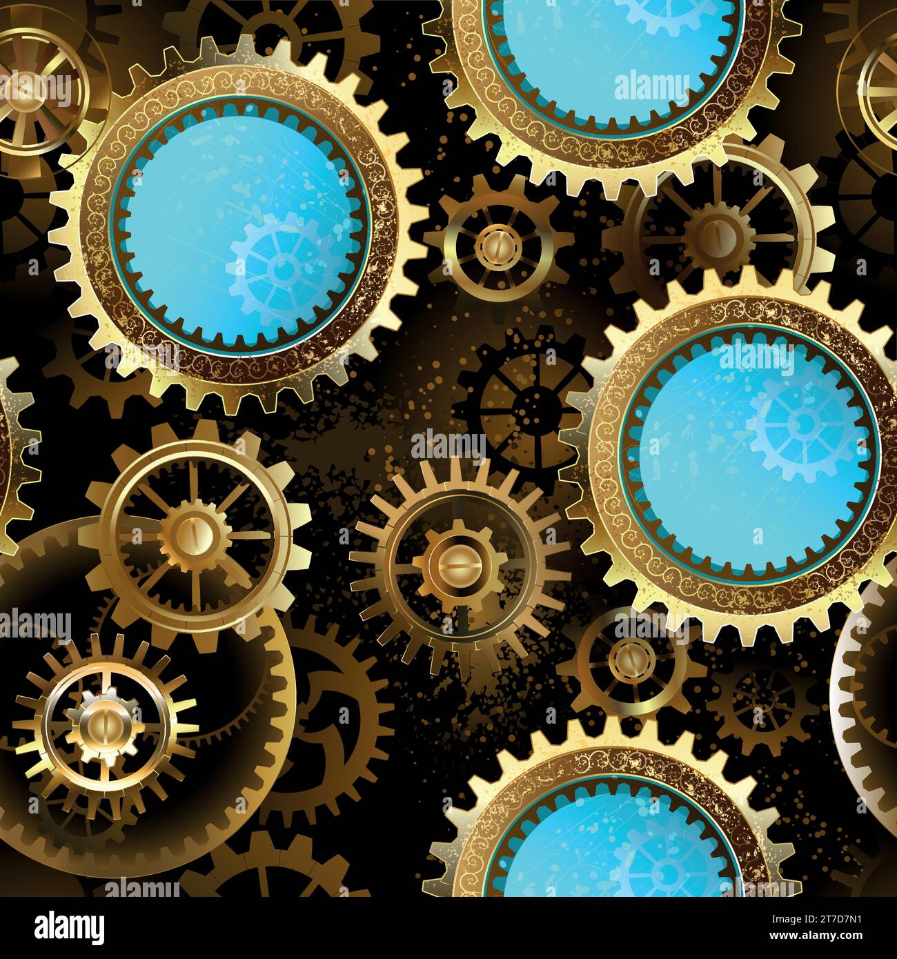 Seamless pattern of metal, brass, gold gears and turquoise glass lenses on rusty dark background. Steampunk style. Stock Vector