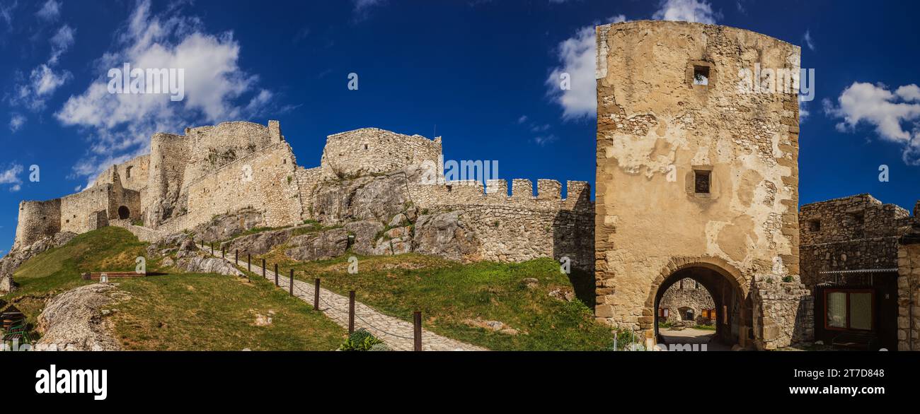 The ruins of Spis Castle (Slovak: Spissky hrad, Hungarian: Szepesi var; German: Zipser Burg) in eastern Slovakia form one of the largest castle sites Stock Photo