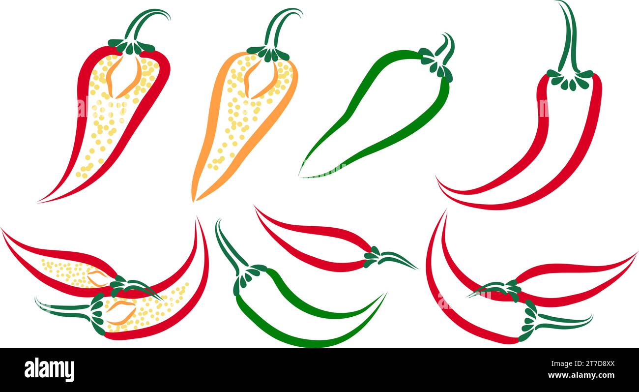 Set of hot chili peppers. Outline symbols of hot spicy chili pepper. Traditional Mexican vegetable spice and food condiment. Vector set of icons. Vect Stock Vector