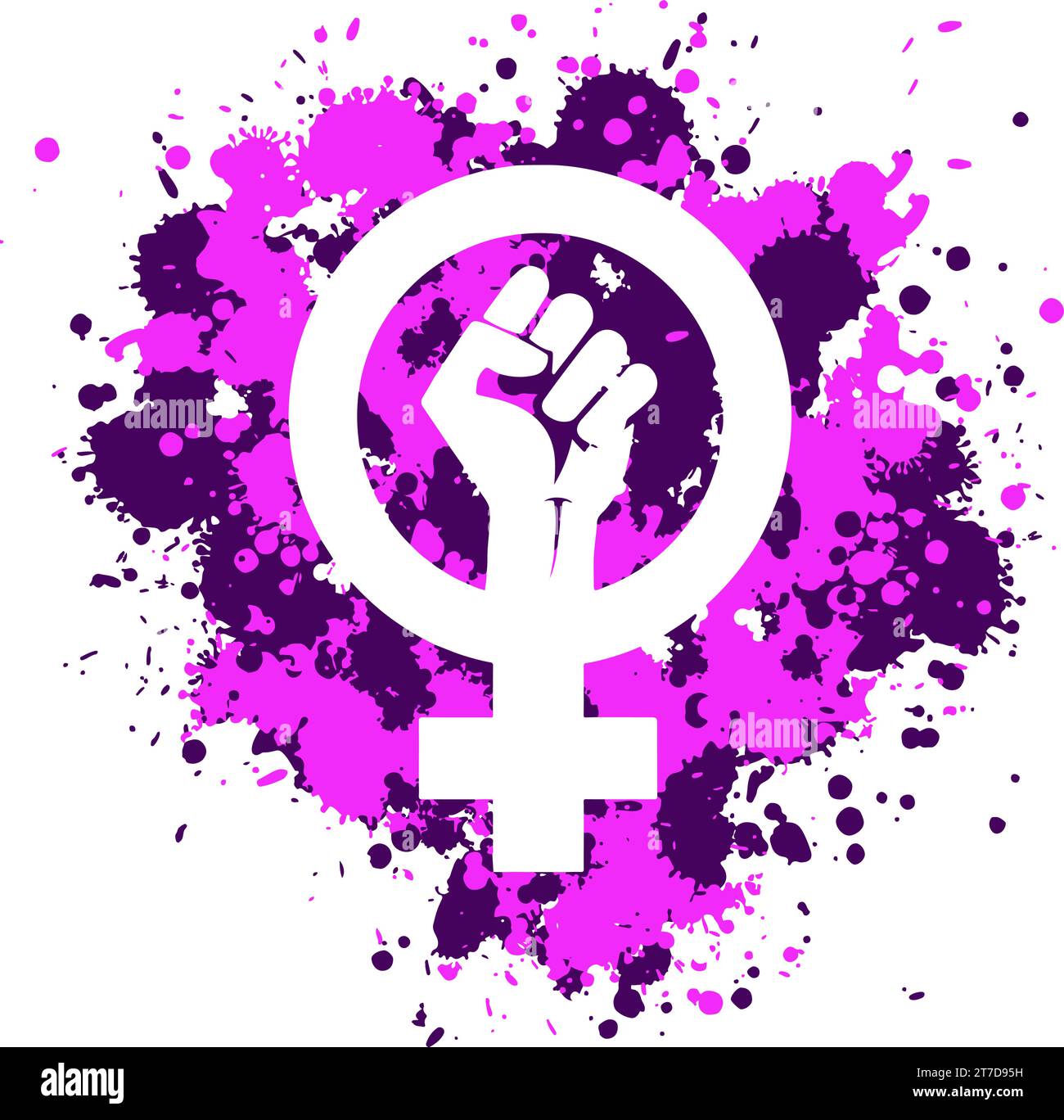 feminist icon with clenched fist. Pink and purple ink splashes. EPS Vector illustration Stock Vector