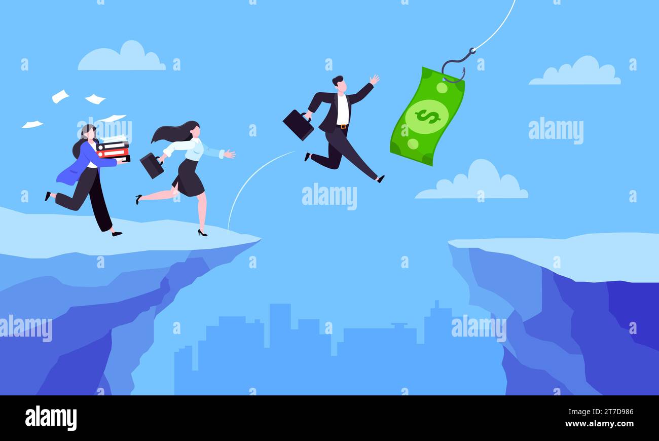 Fishing money chase business concept with people running after dangling dollar jumps over the cliff. Working hard and always busy in the loop routine Stock Vector