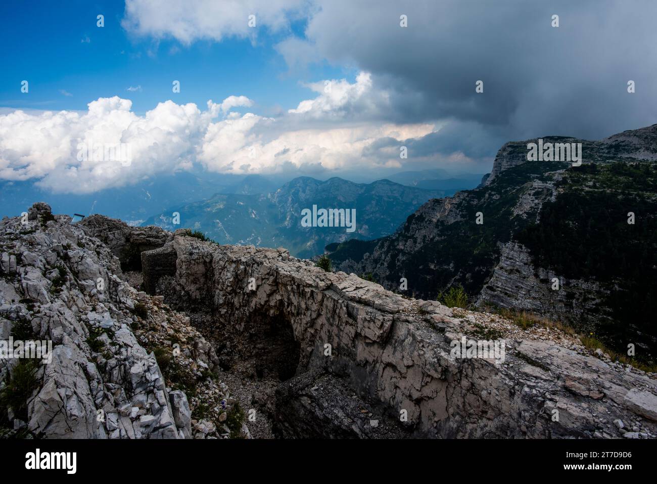 summer view of Mount Ortigara with blue sky and First World War fortifications on the Asiago plateau Vicenza Veneto Italy Stock Photo