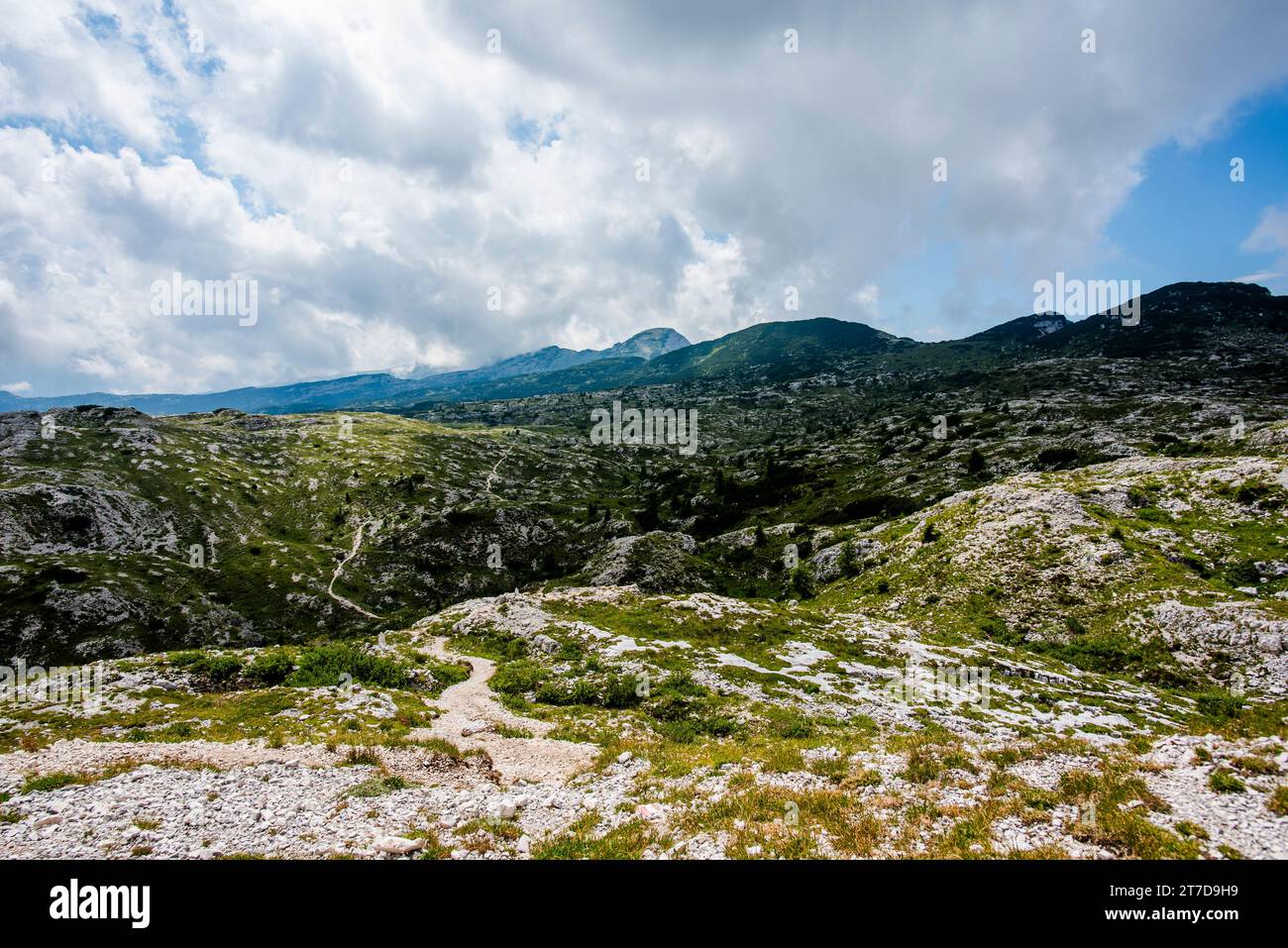 summer view of Mount Ortigara with blue sky and First World War fortifications on the Asiago plateau Vicenza Veneto Italy Stock Photo