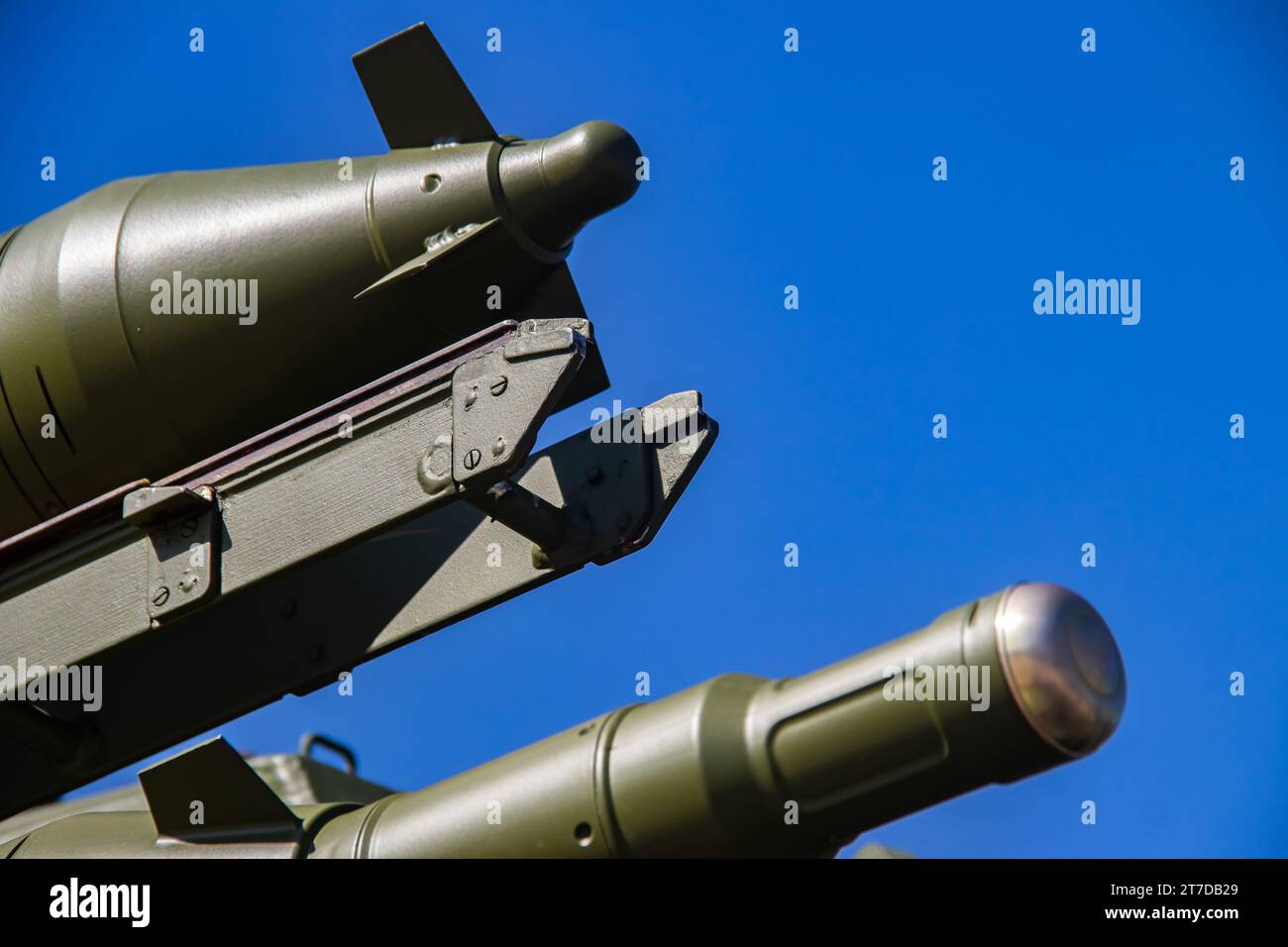 Modern sophisticated air defense missile system and rockets on self propelled launching weapon, exposed at arms international weapons fair in Belgrade Stock Photo