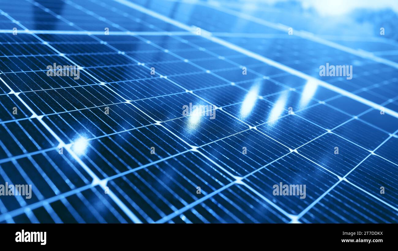 Solar cell clean energy solar farm eco power plant technology. closeup Solar cell panels or photovoltaic of sustainable resources and renewable energy Stock Photo
