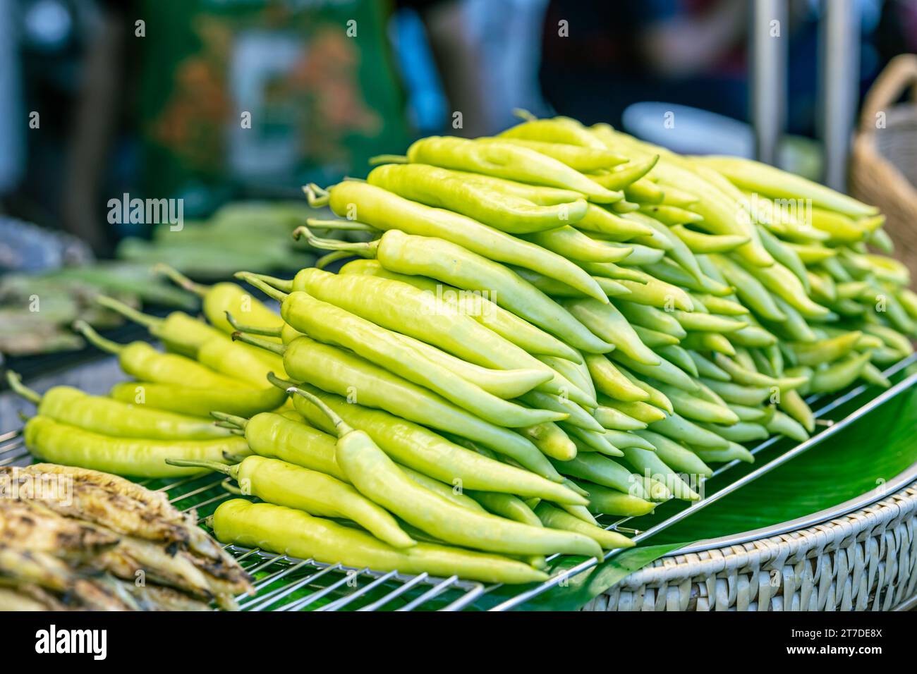 Thai green chilli spicy called prik noom most popular flavour