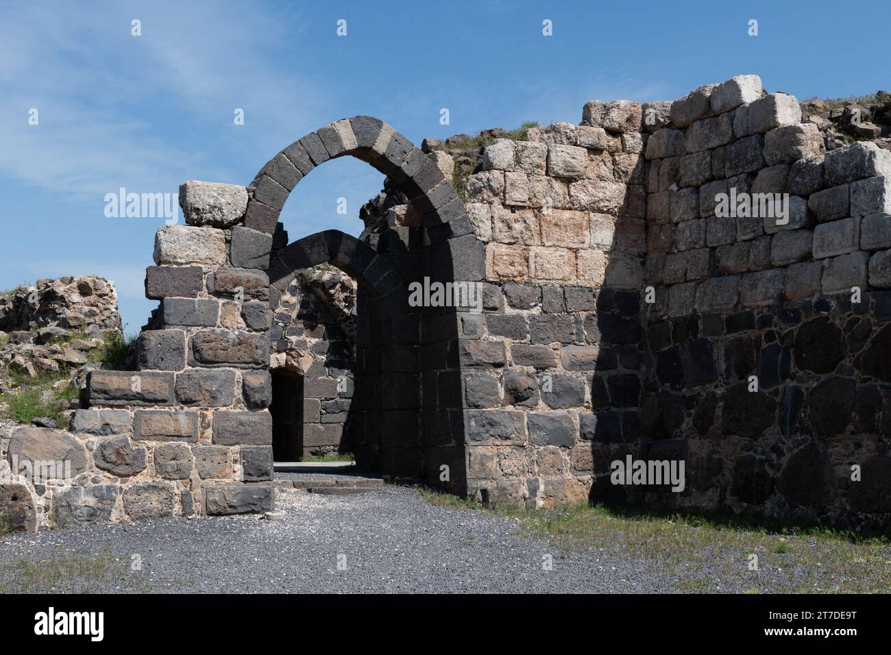 Detail section of the stone archways and walls of the restored Belvoir Crusader Castle in the Galilee in northern Israel. Stock Photo