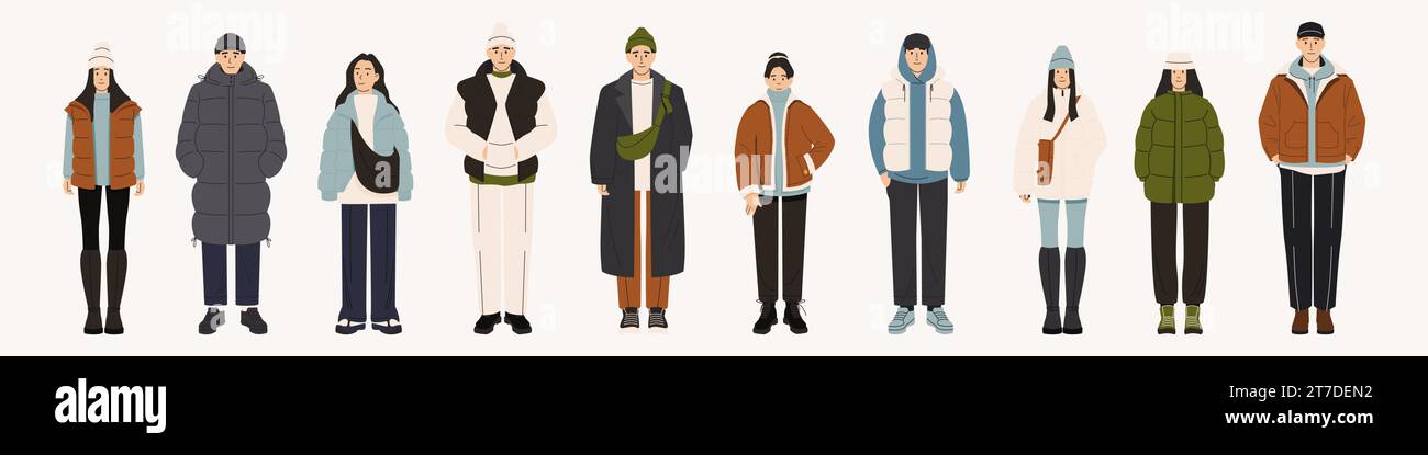 People in winter clothes. Cartoon characters wearing winter coats and hats, modern male and female characters in trendy wintertime outfits. Vector set Stock Vector