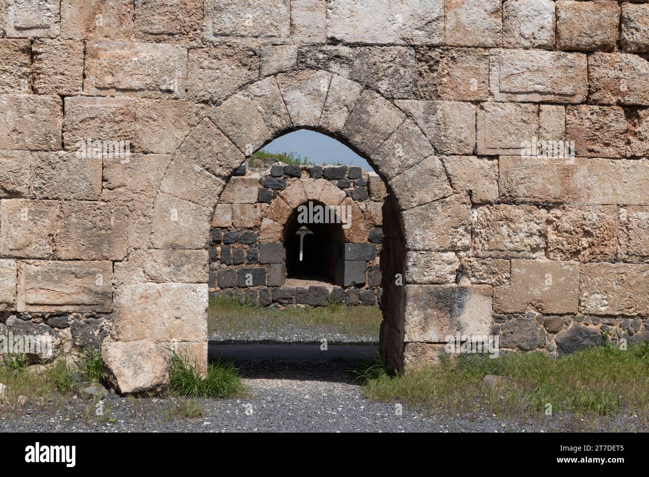 Detail section of the stone archways and walls of the restored Belvoir Crusader Castle in the Galilee in northern Israel. Stock Photo